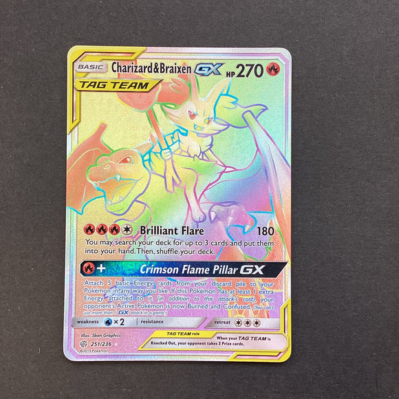 Pokemon Sun & Moon Cosmic Eclipse - Charizard & Braixen GX Tag Team - 251/236 - Used Rainbow Secret Rare Holo Full Art Card