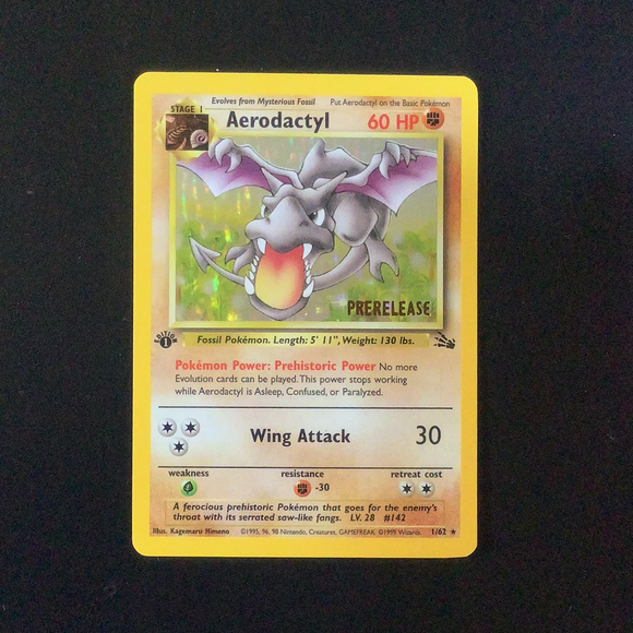 Pokemon Fossil - Aerodactyl  (1st Edition) PRE-RELEASE - 001/62*U - Used Holo Rare card