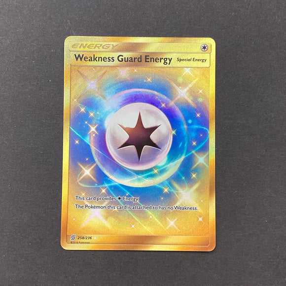 Pokemon Sun & Moon Unified Minds - Weakness Guard Energy - 258/236 - As New Gold Secret Rare Holo Full Art Card